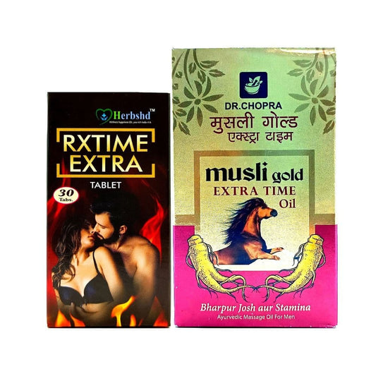 Musli Gold Extra Time oil &amp; RX Time Extra Tablet Combo for Increase Stamina